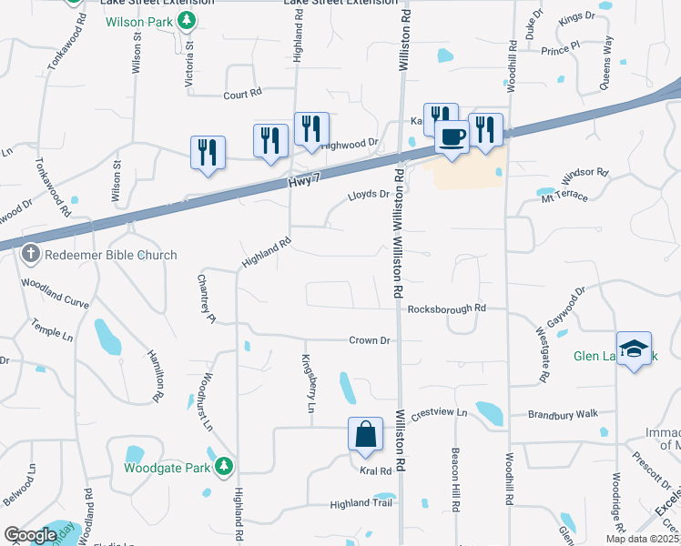 map of restaurants, bars, coffee shops, grocery stores, and more near 15009 Williston Lane in Minnetonka