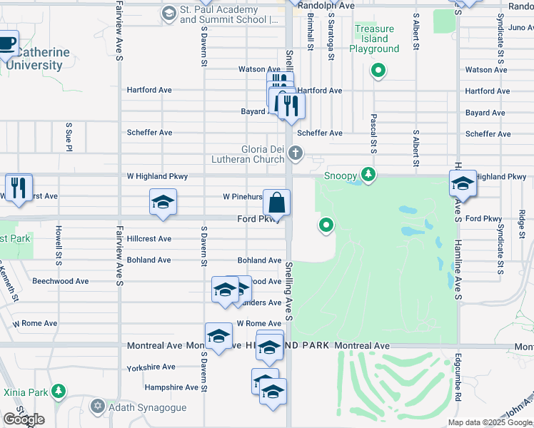 map of restaurants, bars, coffee shops, grocery stores, and more near 1609 Ford Pkwy in St Paul