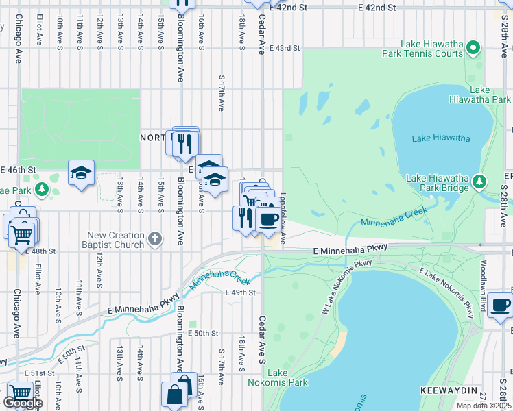 map of restaurants, bars, coffee shops, grocery stores, and more near 4712 Cedar Avenue in Minneapolis