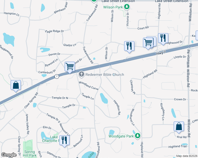 map of restaurants, bars, coffee shops, grocery stores, and more near 15990 Woodland Curve in Minnetonka