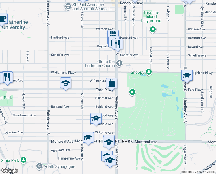 map of restaurants, bars, coffee shops, grocery stores, and more near 1609 Ford Parkway in Saint Paul