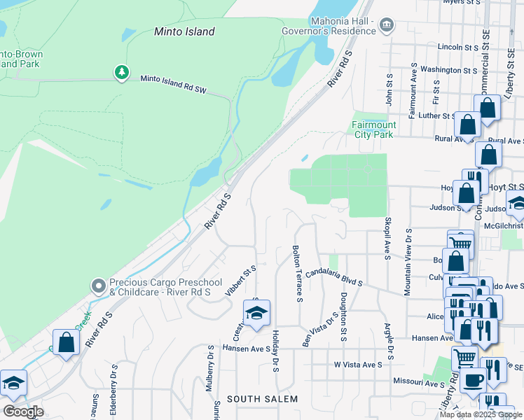 map of restaurants, bars, coffee shops, grocery stores, and more near 2510 Crestview Drive South in Salem