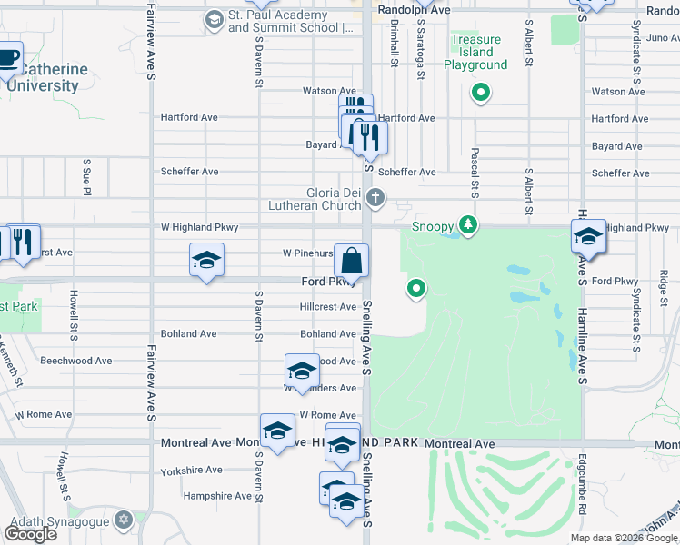 map of restaurants, bars, coffee shops, grocery stores, and more near 1600-1630 Ford Parkway in Saint Paul