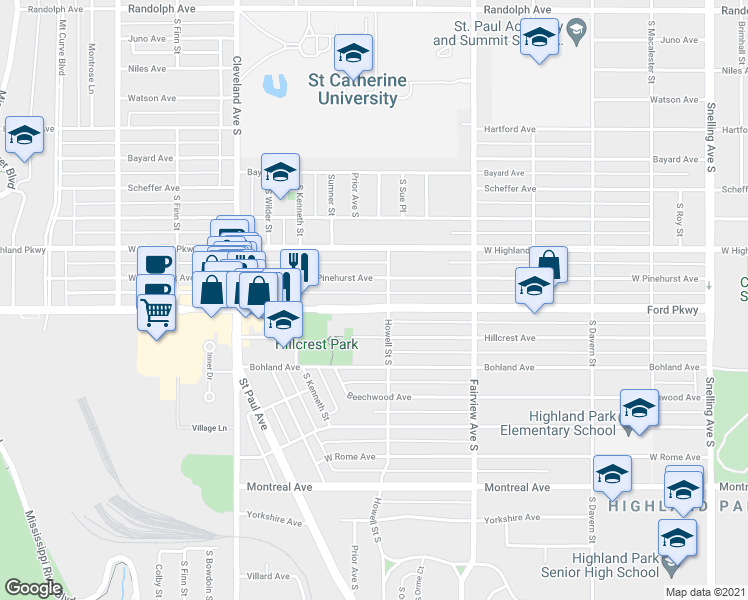 map of restaurants, bars, coffee shops, grocery stores, and more near 1919 Hillcrest Avenue in Saint Paul