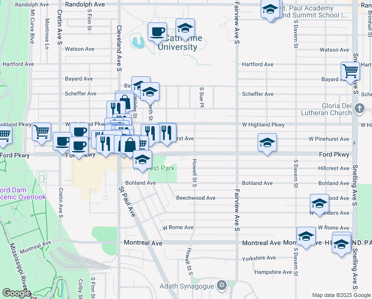 map of restaurants, bars, coffee shops, grocery stores, and more near 1919 Hillcrest Avenue in Saint Paul