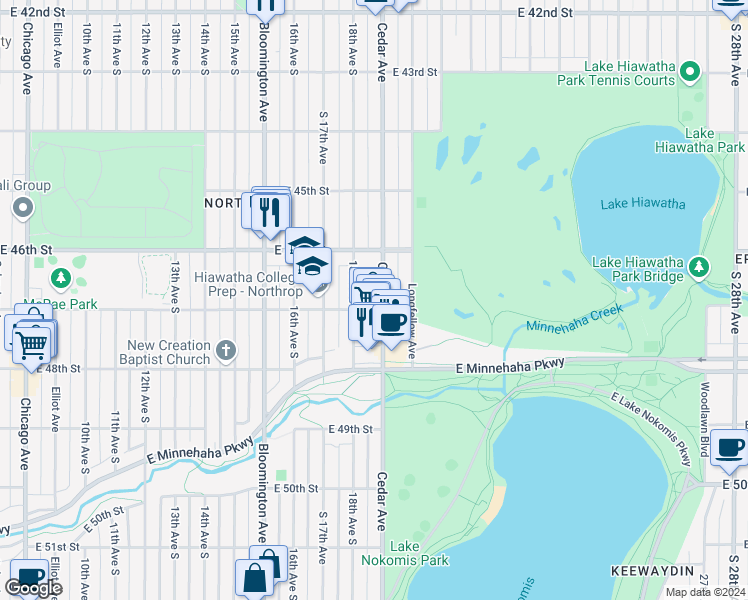 map of restaurants, bars, coffee shops, grocery stores, and more near 4712 Cedar Avenue in Minneapolis