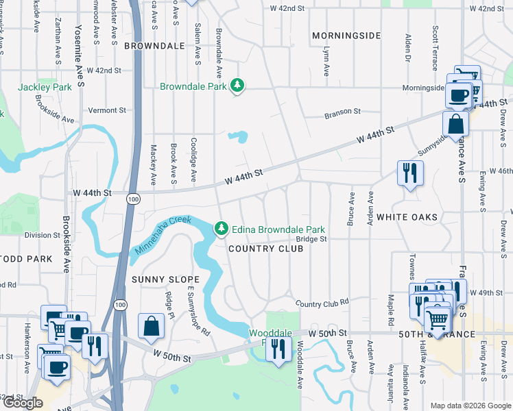 map of restaurants, bars, coffee shops, grocery stores, and more near 4508 Edina Boulevard in Minneapolis