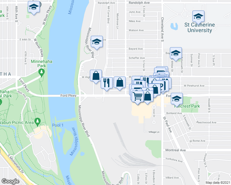 map of restaurants, bars, coffee shops, grocery stores, and more near 1978 Ford Pkwy in St Paul