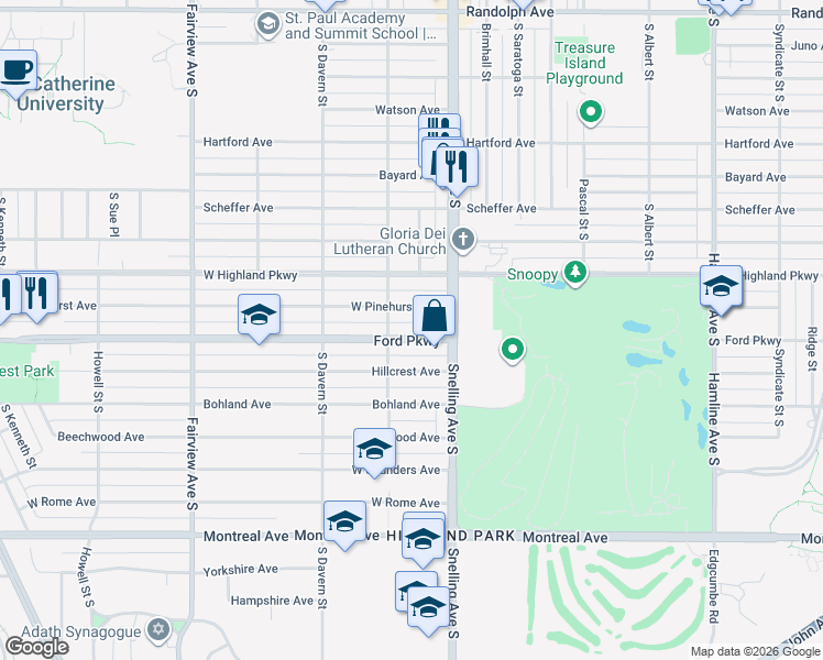 map of restaurants, bars, coffee shops, grocery stores, and more near 1615 Ford Pkwy in St Paul