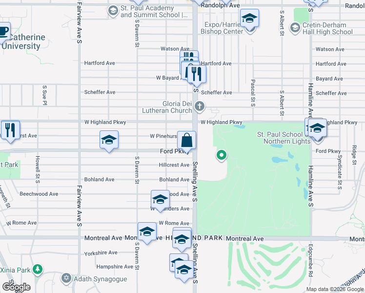 map of restaurants, bars, coffee shops, grocery stores, and more near 1600-1630 Ford Parkway in Saint Paul