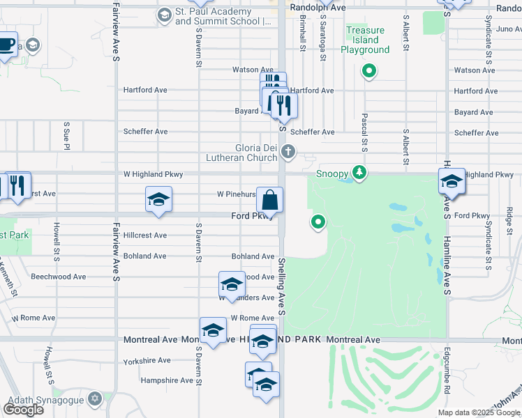 map of restaurants, bars, coffee shops, grocery stores, and more near 1609 Ford Pkwy in St Paul