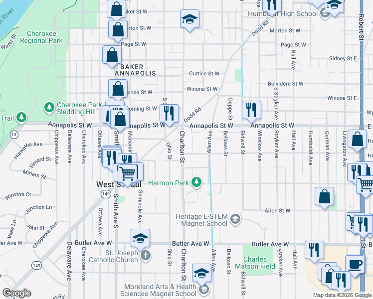 map of restaurants, bars, coffee shops, grocery stores, and more near in West Saint Paul
