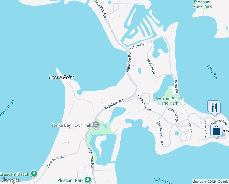 map of restaurants, bars, coffee shops, grocery stores, and more near 4766 Manitou Road in Excelsior