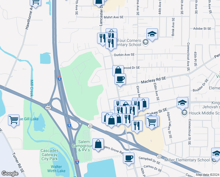 map of restaurants, bars, coffee shops, grocery stores, and more near 800 Meadowlawn Drive Southeast in Salem
