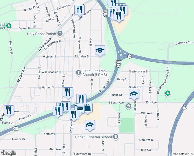 map of restaurants, bars, coffee shops, grocery stores, and more near 330 East Wisconsin Street in Chippewa Falls
