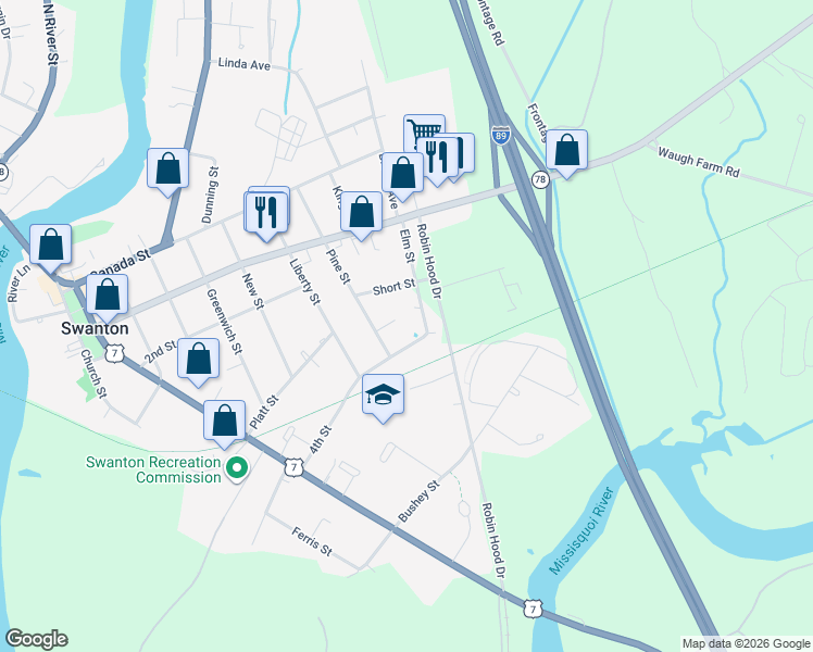 map of restaurants, bars, coffee shops, grocery stores, and more near 18 Elm Street in Swanton