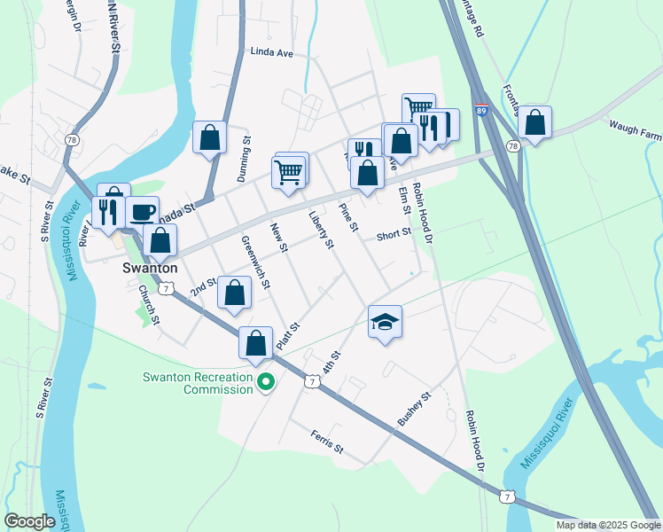 map of restaurants, bars, coffee shops, grocery stores, and more near 36 Liberty Street in Swanton