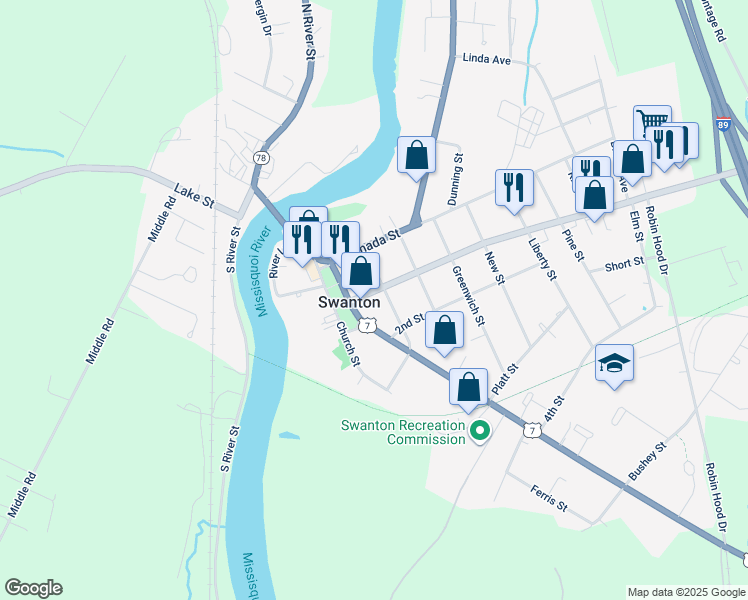 map of restaurants, bars, coffee shops, grocery stores, and more near 10 York Street in Swanton
