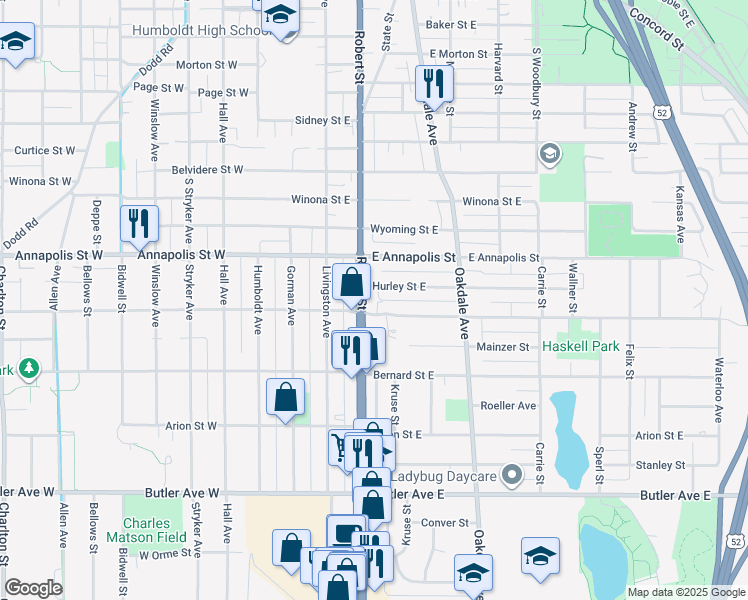 map of restaurants, bars, coffee shops, grocery stores, and more near 149 Hurley Street East in Saint Paul
