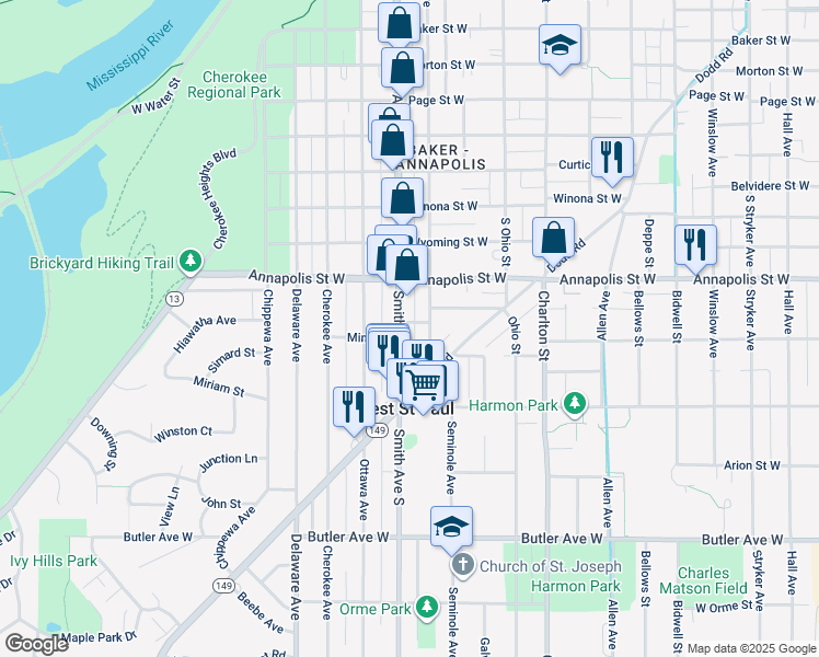 map of restaurants, bars, coffee shops, grocery stores, and more near 897 Minnesota 149 in West Saint Paul