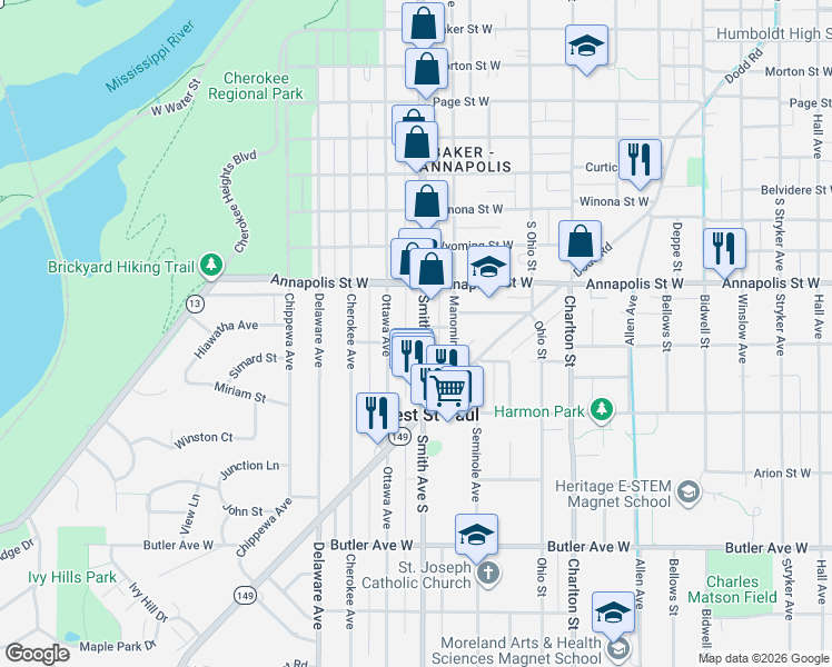 map of restaurants, bars, coffee shops, grocery stores, and more near 897 Minnesota 149 in West Saint Paul