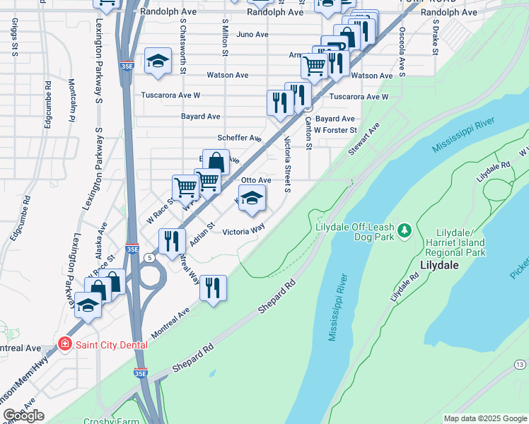 map of restaurants, bars, coffee shops, grocery stores, and more near 739 Mercer Street in Saint Paul