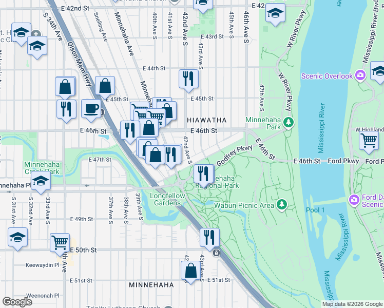 map of restaurants, bars, coffee shops, grocery stores, and more near 4624 43rd Avenue South in Minneapolis