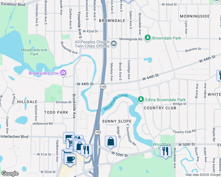 map of restaurants, bars, coffee shops, grocery stores, and more near 4393 Mackey Avenue in Minneapolis