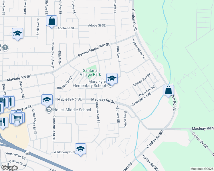map of restaurants, bars, coffee shops, grocery stores, and more near 4867 Buffalo Drive Southeast in Salem