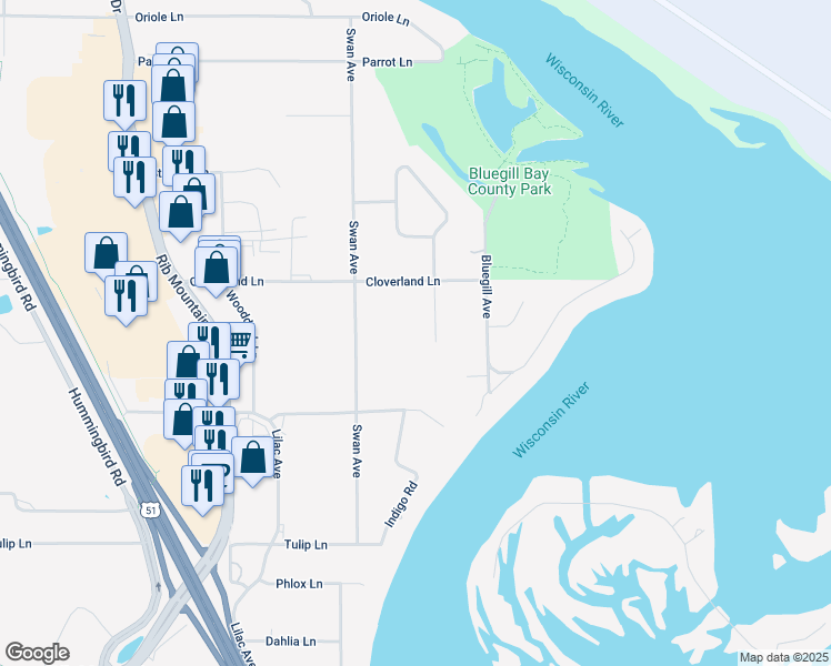 map of restaurants, bars, coffee shops, grocery stores, and more near 226018 Kinglet Circle in Wausau