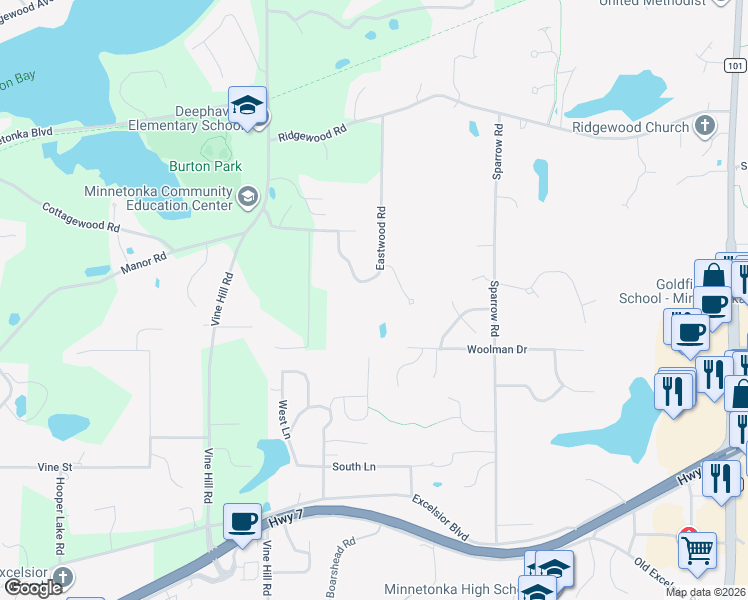 map of restaurants, bars, coffee shops, grocery stores, and more near 4645 Eastwood Road in Minnetonka