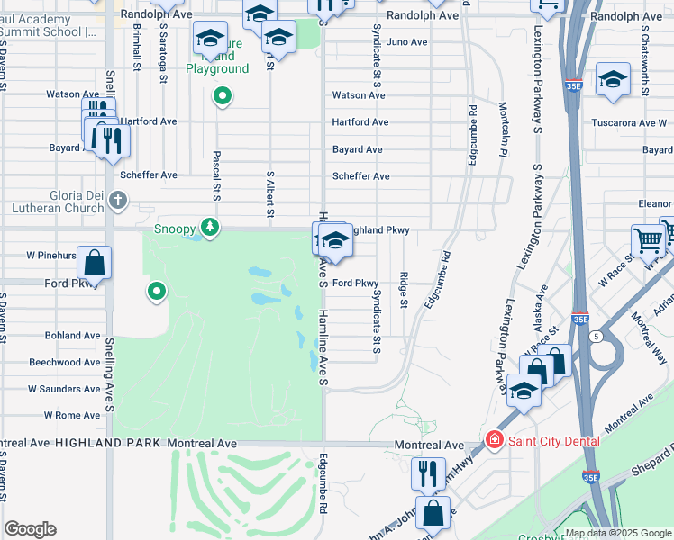 map of restaurants, bars, coffee shops, grocery stores, and more near 768 Hamline Avenue South in Saint Paul