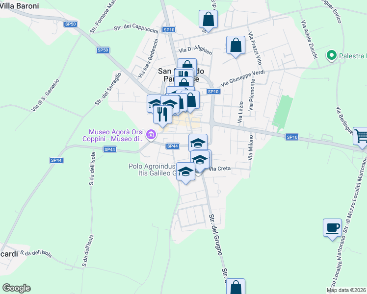 map of restaurants, bars, coffee shops, grocery stores, and more near 31 Via XX Settembre in San Secondo Parmense