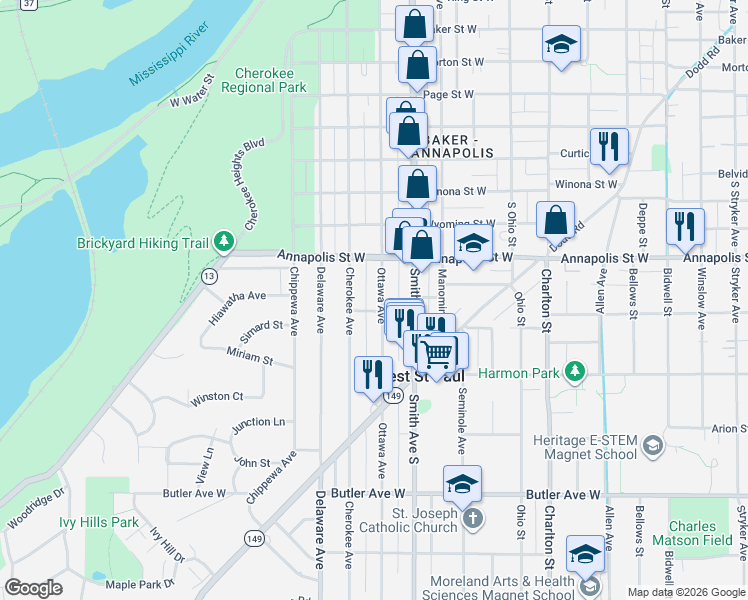 map of restaurants, bars, coffee shops, grocery stores, and more near 901 Ottawa Avenue in Saint Paul