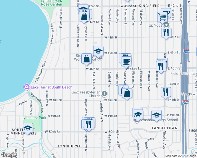 map of restaurants, bars, coffee shops, grocery stores, and more near 4617 Aldrich Avenue South in Minneapolis