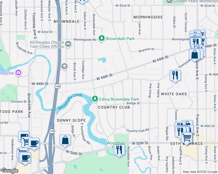 map of restaurants, bars, coffee shops, grocery stores, and more near 4410 Sunnyside Road in Minneapolis