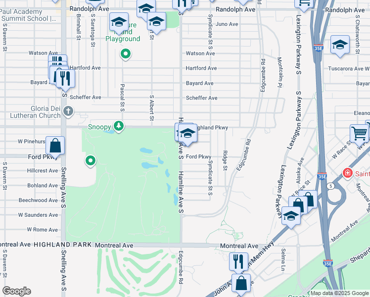 map of restaurants, bars, coffee shops, grocery stores, and more near 768 Hamline Avenue South in Saint Paul