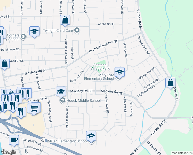 map of restaurants, bars, coffee shops, grocery stores, and more near 967 Shenandoah Drive Southeast in Salem