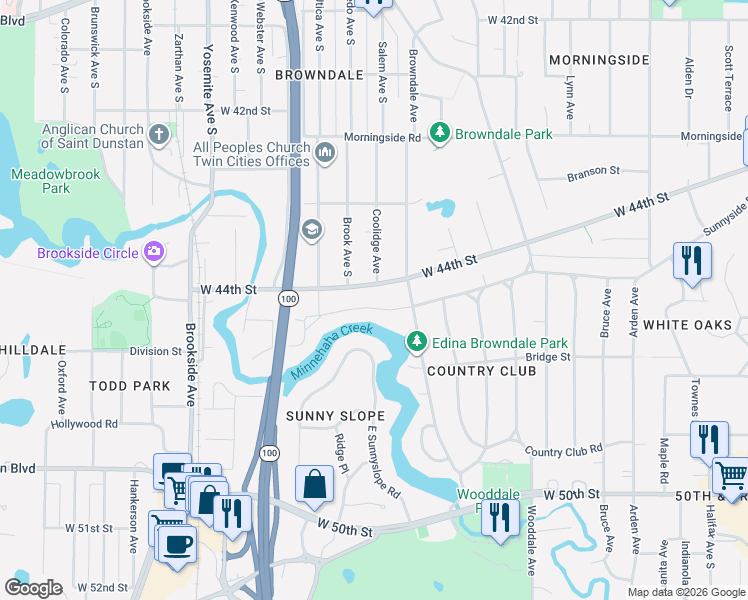 map of restaurants, bars, coffee shops, grocery stores, and more near 4390 Coolidge Avenue in Minneapolis
