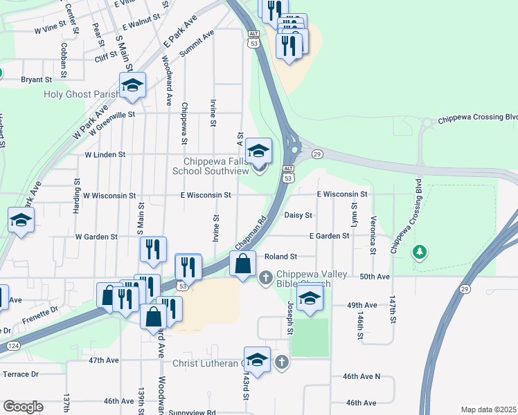 map of restaurants, bars, coffee shops, grocery stores, and more near 714 Chapman Road in Chippewa Falls
