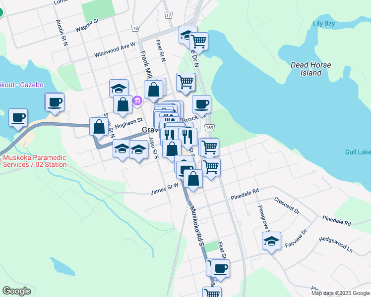 map of restaurants, bars, coffee shops, grocery stores, and more near 191 Royal Street in Gravenhurst