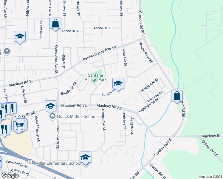map of restaurants, bars, coffee shops, grocery stores, and more near 4865 Buffalo Drive Southeast in Salem