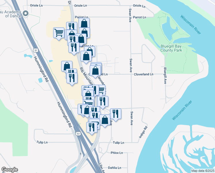 map of restaurants, bars, coffee shops, grocery stores, and more near 152605 Cloverland Lane in Wausau