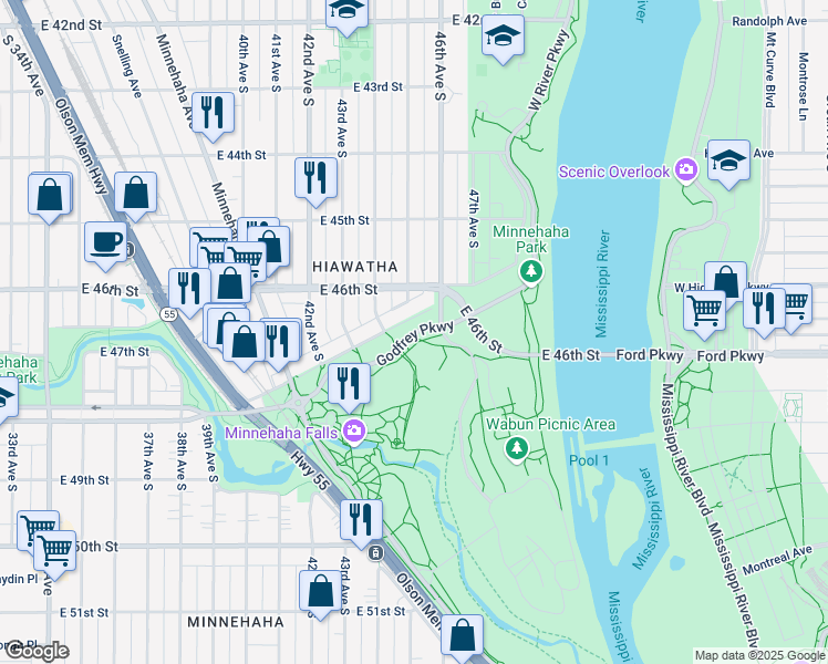 map of restaurants, bars, coffee shops, grocery stores, and more near 4500 Nawadaha Boulevard in Minneapolis