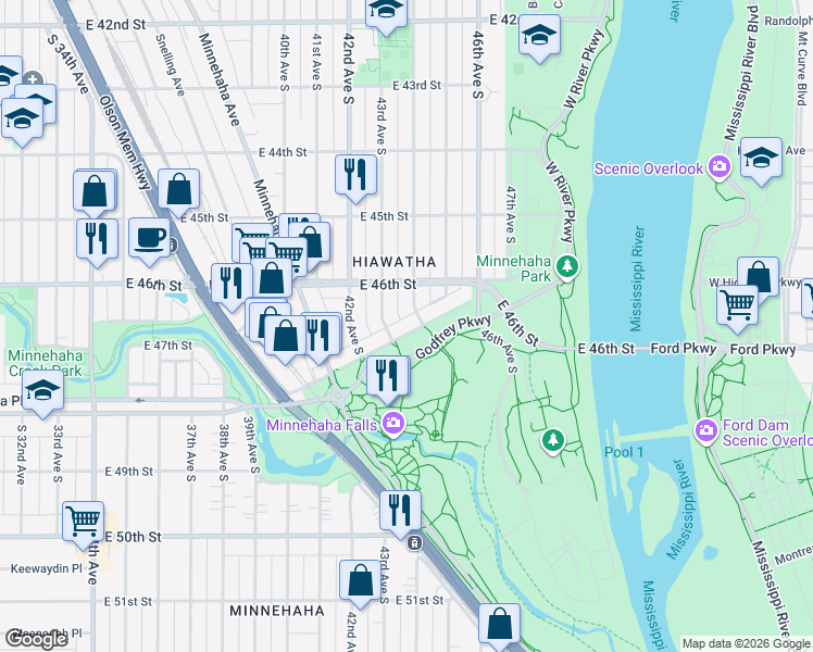 map of restaurants, bars, coffee shops, grocery stores, and more near 4621 44th Avenue South in Minneapolis