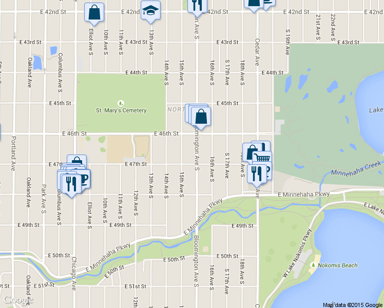 map of restaurants, bars, coffee shops, grocery stores, and more near 4621 South 15th Avenue in Minneapolis