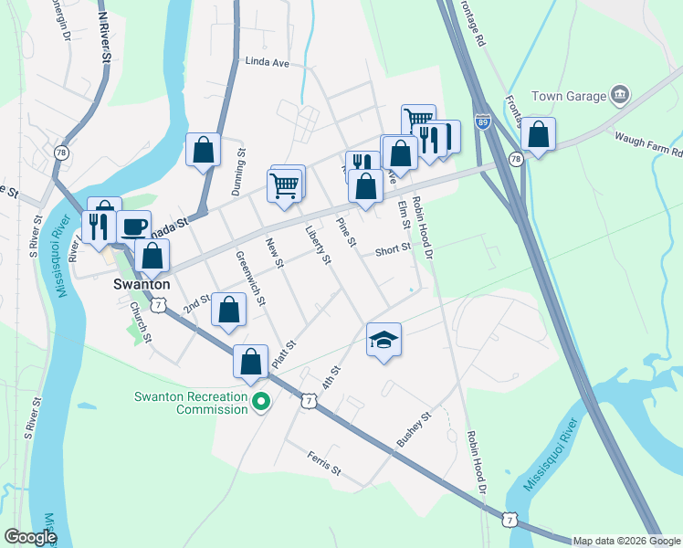 map of restaurants, bars, coffee shops, grocery stores, and more near 38 Pine Street in Swanton