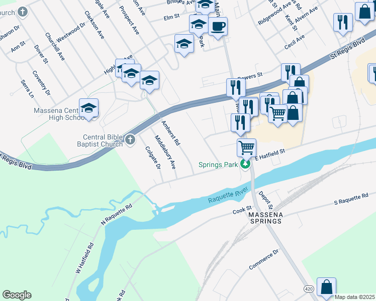 map of restaurants, bars, coffee shops, grocery stores, and more near 249 Prospect Ave in Massena