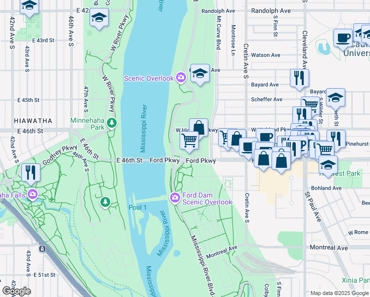map of restaurants, bars, coffee shops, grocery stores, and more near Mississippi River Boulevard South in Saint Paul