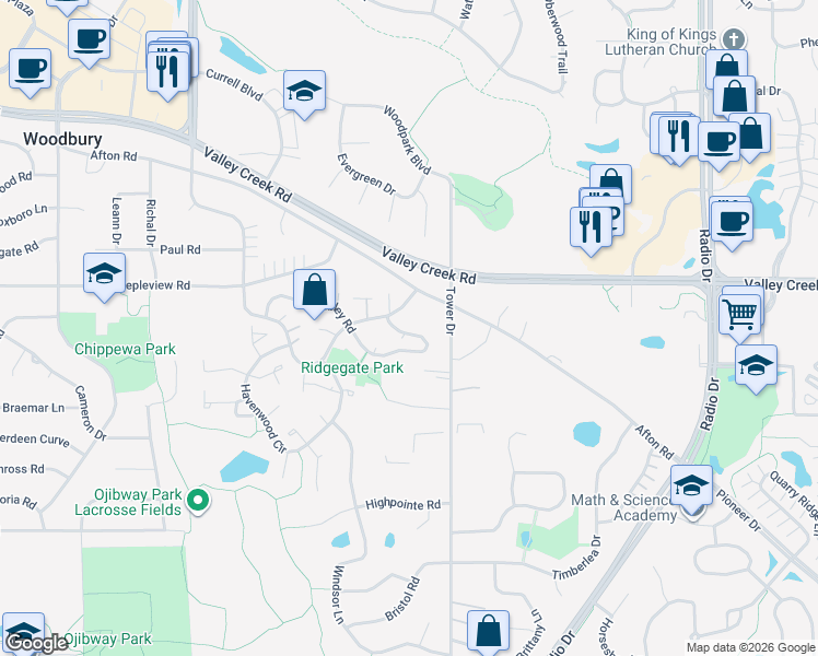 map of restaurants, bars, coffee shops, grocery stores, and more near 7887 Rimbley Road in Woodbury